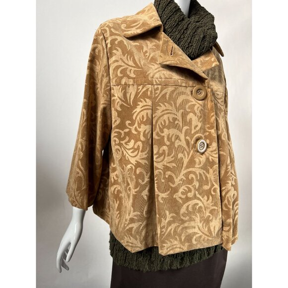 R.Q.T. Womens 1X Printed Corduroy Jacket Button Closure Beige & Brown Polyester - Picture 9 of 16